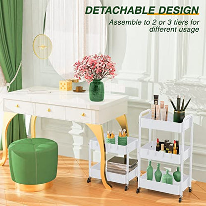LEHOM 3 Tier Rolling Cart, Metal Rolling Utility Cart with Lockable Wheels & Hooks, Multi-Functional Heavy Duty Storage Cart Organizer for Bathroom, Kitchen, Office, Living Room - color: White