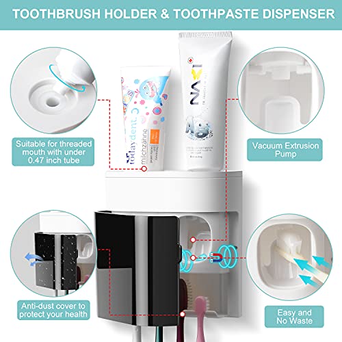 GFWARE Toothbrush Holder Toothpaste Dispenser Wall Mounted with Cover, 4 Slots Tooth Brush Storage Organizer with Automatic Kids Toothpaste Squeezers for Shower Bathroom Black - color: Black