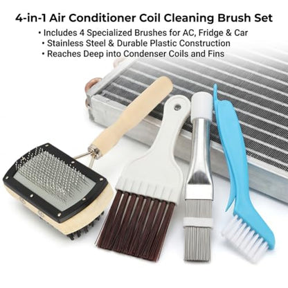 4-Piece Air Conditioner Coil Brush Kit, Refrigerator Coil Brush Set for Refrigerator Radiator & Car Coolers, Includes Dual-Sided Brush and Metal Brushes with Long and Short Bristles