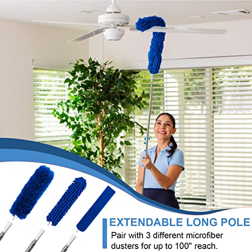 Upgraded Dusters for Cleaning (6pcs), Ceiling Fan Duster with 100" Thickened Extension Pole, Extendable Long Microfiber Duster for High Ceilings, Reusable & Washable Dusting Wand by OOSOFITT Blue - color: Blue