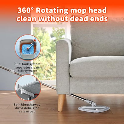 Spin Mop and Bucket Set with Self Separation System 360° Spinning Self-Wringing, Square Clean Mop and Bucket with Wringer-with Replaceable Mop (Light Grey Mop and Bucket Set 6pads)