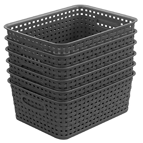 Grey Plastic Woven Storage Basket, 6-Pack Weave Gray Basket Organizer for Kitchen Office Bathroom - color: Grey, size: 6-Pack