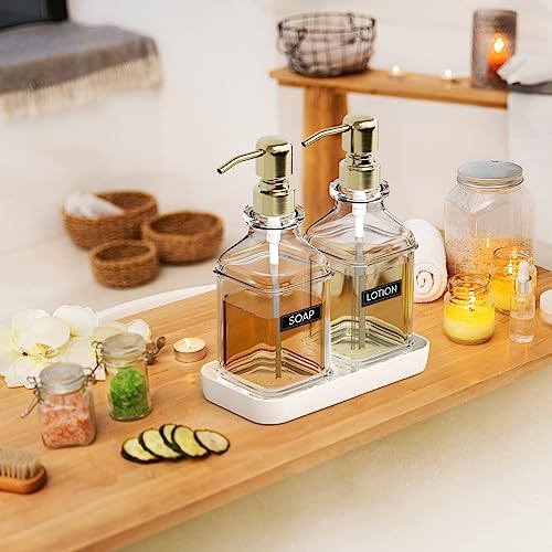 LMQML Soap Dispenser - 2 Pack, Antique Design Thick Glass Hand Soap Dispensers with Sturdy Tray; 304 Rust Proof Stainless Steel Pump, 12Pcs Stickers, for Kitchen, Bathroom - color: Gold