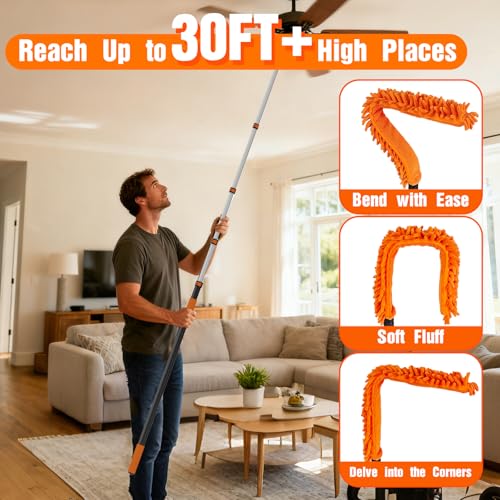 SISUPASSIE 30FT Duster Cleaner Kit, Dusters for Cleaning with Extension Pole, Baseboard & Wall and Window Cleaner Mop for Fan Blades, High Ceiling and Cobweb - size: 30FT
