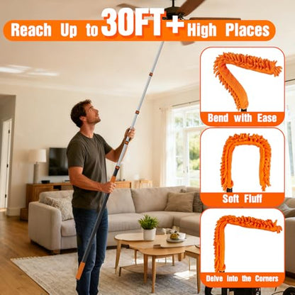 SISUPASSIE 30FT Duster Cleaner Kit, Dusters for Cleaning with Extension Pole, Baseboard & Wall and Window Cleaner Mop for Fan Blades, High Ceiling and Cobweb - size: 30FT