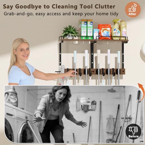 Mop Holder Wall Mount with Cleaning Supplies Organizer, Wood Mop and Broom Hanger Rack Organizer with Anti-Fall Wall Shelf with 5 Clips & Hooks for Garage Laundry Room Kitchen (Dark) - color: Dark