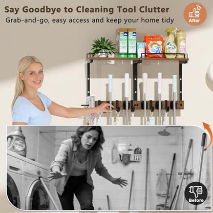 Mop Holder Wall Mount with Cleaning Supplies Organizer, Wood Mop and Broom Hanger Rack Organizer with Anti-Fall Wall Shelf with 5 Clips & Hooks for Garage Laundry Room Kitchen (Dark) - color: Dark