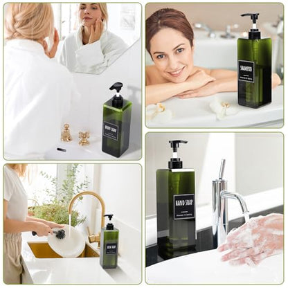 Segbeauty 33.8oz Square Plastic Soap Dispenser Refillable, 2pcs Large Capacity Empty Soap Dispenser Bathroom Kitchen, Green 1000ml Shampoo Pump Bottle Set, Hand Wash Bottles with Waterproof Labels - color: Green, style: 2pcs