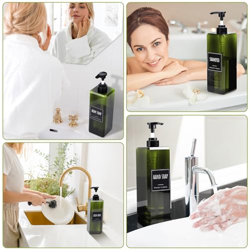 Segbeauty 33.8oz Square Shampoo and Conditioner Dispenser, 3pcs Large Capacity Plastic Soap Dispenser Bathroom, Green 1000ml Empty Lotion Pump Bottle Soap Hand Wash Bottles with Waterproof Labels - color: Green, style: 3pcs