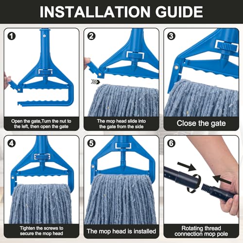 Commercial Industrial Mop with 3 Extra Large Reusable Replacement Head,59" Long Handle Heavy Duty Wet Mops,Looped-End String Cotton Mop for Floor Cleaning,House,Kitchen,Office,Garage,Tile(Blue) - size: Blue Handle + 3 Mop Head