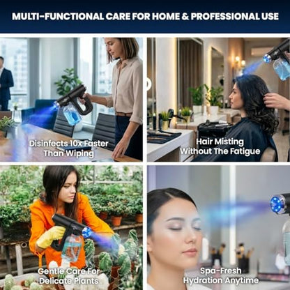 Professional Barber Disinfectant Spray Gun, Ultra Fine Mist Sprayer, Black | Continuous Spray Bottle with Blue Light, Easy to Use Lightweight and Rechargeable Sanitizer Gun, Multipurpose Fogger Machine - color: Black
