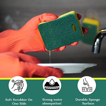 Kitchen Sponges 12 Pack, Heavy Duty Dual-Sided Scrub Sponges, Yellow/Green | Non-Scratch Dish Cleaning, Odor-Free, Multipurpose Scrubbers for Dishwashing Pots, Pans, Skillets & Outdoor Grills