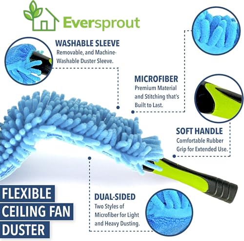 EVERSPROUT 3 Foot Flexible Microfiber Ceiling & Fan Duster | Bendable to Clean Any Fan Blade | Removable & Washable Brush Head | 3-Stage Lightweight Aluminum Extension Pole - size: 3 Foot