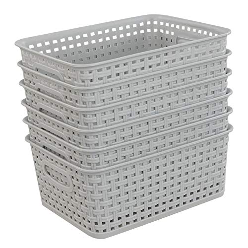 6-Pack Woven Plastic Storage Baskets, 10.03" x 7.55" x 4.09", Lightly Gray