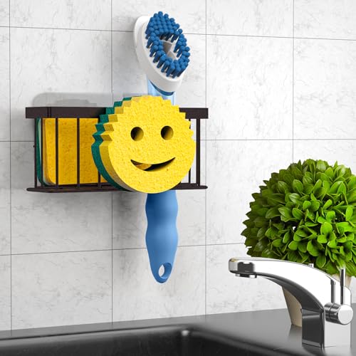 MURLONG Sponge Holder Smiley Face, Sink Caddy for Kitchen Sink, Sink Organizer Sponge Holder with 2 PCS Suction Cups/1 PCS Adhesive Strips, Designed for Sponge, Soap, Dish Brush, Scrubber-Bronze - color: Bronze