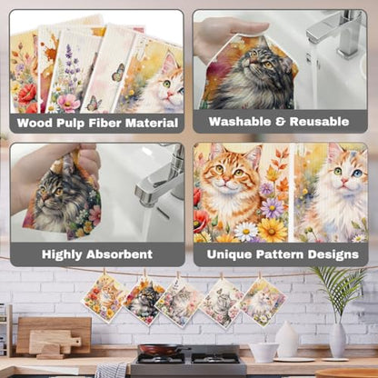 5 Pcs Cute Kitten & Flower Swedish Dishcloths, Cat Themed Swedish Dishcloth, Artistic Dish Cloths for Drying Dishes, Reusable Cleaning Cloths, Housewarming Gifts for Women 2 - color: Lm 04251