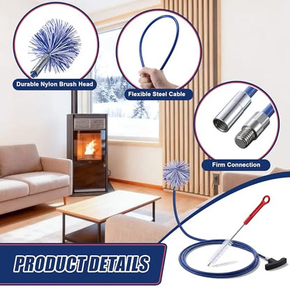 Dreyoo Pellet Stove Cleaning Brush Kit, 10 FT Flexible Steel Rod with 3" Brush Head, T Handle, Multi Purpose Flue Detail Cleaner, Nylon Stove Flue Pipe Kit for Pellet Furnace Exhaust Pipes - size: 10FT with 3" Brush Head