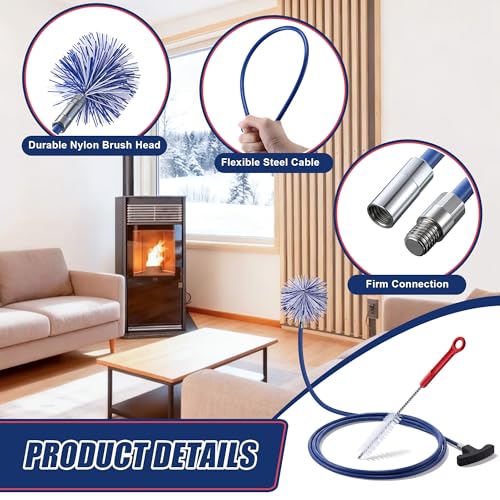 Dreyoo Pellet Stove Cleaning Brush Kit, 10 FT Flexible Steel Rod with 4" Brush Head, T Handle, Multi Purpose Flue Detail Cleaner, Nylon Stove Flue Pipe Kit for Pellet Furnace Exhaust Pipes - size: 10FT with 4" Brush Head