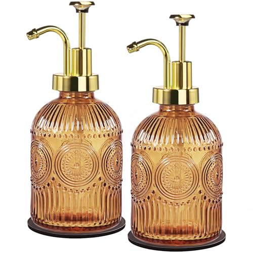 Amolliar 12 Oz Vintage Glass Bathroom Soap Dispensers with Pump, 2 Pack Refillable Kitchen Dish Soap Dispenser with Stripe, Antique Rustic Hand Soap Liquid Bottle (Brown-Golden Pump) - color: Brown-golden Pump 2p