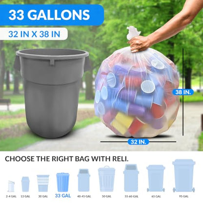 Reli. 33 Gallon Trash Bags Heavy Duty | 125 Trash Bags with Ties | Super Sizeable, Clear, Serious Garbage Cleanup