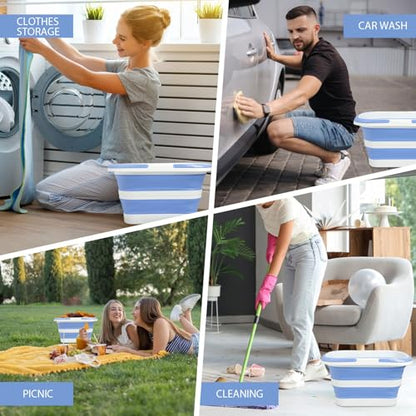 Collapsible Mop Bucket 4.2 Gallon(16L), Space-Saving Foldable Cleaning Bucket with Handle & Hanging Hole for Home, Swimming Pool, Camping, Car Wash & Outdoor(Blue White) - color: Blue White
