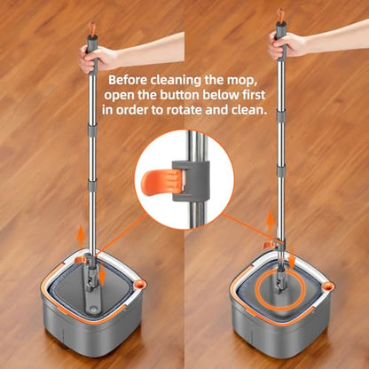 Spin Mop and Bucket Set with Self Separation Dirty and Clean Water System, Square Mop Bucket Self Wringing 360° Rotating Clean Floor Mop-Head for Hardwood Tile Marble Floors - size: Mop Set with 2pads