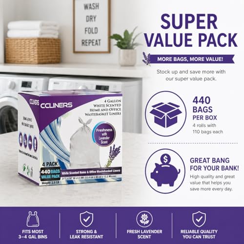 4 Gallon Trash Bag Lavender Scented (440 Count) Small Bathroom Garbage Bags Wastebasket Can Liners White Trash Bags for Home Kitchen Office Bins (440 Bags) - size: 1 Count (Pack of 440)