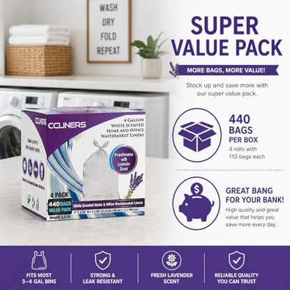 4 Gallon Trash Bag Lavender Scented (440 Count) Small Bathroom Garbage Bags Wastebasket Can Liners White Trash Bags for Home Kitchen Office Bins (440 Bags) - size: 1 Count (Pack of 440)