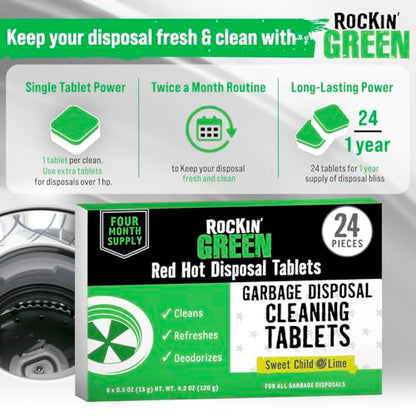 Rockin' Green Deep Cleaning and Deodorizing Tablets for Dishwashers, Washing Machines, and Garbage Disposals, Removes Odor and Residue (Garbage Disposal Cleaning Tablets, 24 Pack) - size: 1 Count (Pack of 24), style: Garbage Disposal Cleaning Tablets