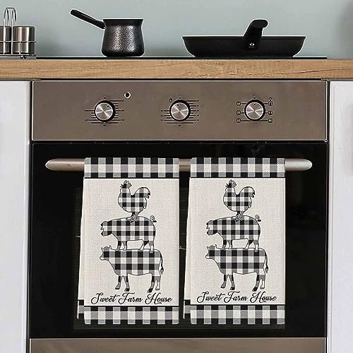 Farm Buffalo Plaid Kitchen Towel Set of 4, Absorbent Microfiber Hand Towels for Kitchen Bathroom Bar Decorative Pig Cow Chicken Ultra Soft Resuable Cleaning Cloths Washable Fast Drying - size: 4PCS-18" x 28"