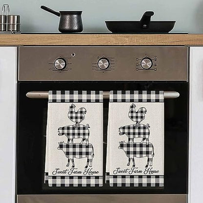 Farm Buffalo Plaid Kitchen Towel Set of 3, Absorbent Microfiber Hand Towels for Kitchen Bathroom Bar Decorative Pig Cow Chicken Ultra Soft Resuable Cleaning Cloths Washable Fast Drying - size: 3PCS-18" x 28"