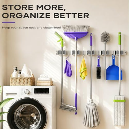Broom Mop Holder Wall Mount, Heavy Duty Stainless Steel Mop Organizer with 5 Clamps and 4 Hooks, Wall Mounted Cleaning Tool Storage Rack for Home, Garage, Laundry Room and Garden