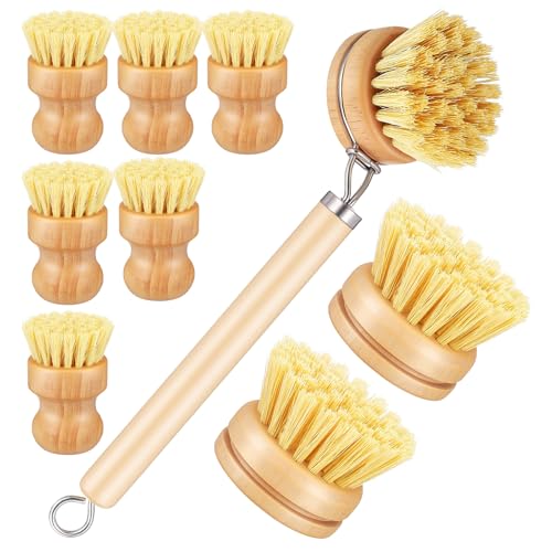 COMNICO Bamboo Dish Brush Set, 9 Pack Kitchen Natural Wooden Cleaning Scrubbers Set Washing Dish Brush Scrubber with Natural Sisal Bristles for Household Cleaning Vegetables