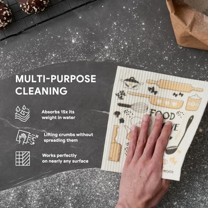 RECYCO Swedish Dishcloths for Kitchen | 6 Pack Kitchens Love Washable Dish Rags | Cellulose Reusable Cleaning Paper Towels | Absorbent Counter Dish Cloth Sponge Kitchen Wipes, 8" L x 7" W - color: Kitchen Love - 6 Pack