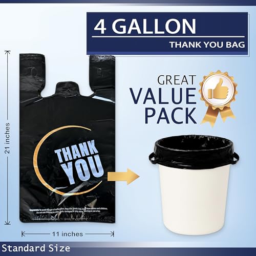 4 Gallon Small Black Trash Bags with Handles 100 Count, 11" x 21" Plastic Garbage Bags for Home, Kitchen, Office, Bathroom Thank You T-Shirt Style Bags for Small Business, Takeout, Grocery Use - style: Black 100