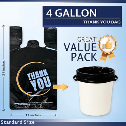 4 Gallon Small Black Trash Bags with Handles 100 Count, 11" x 21" Plastic Garbage Bags for Home, Kitchen, Office, Bathroom Thank You T-Shirt Style Bags for Small Business, Takeout, Grocery Use - style: Black 100