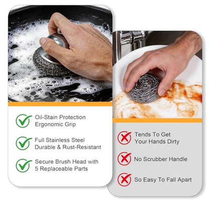 6pcs Steel Wool Scrubber with Replacement Wire Sponge Pads Set, Stainless Steel Scrubber for Dishes, Perfect for Cleaning Metal Pans, Pots, Grills & More, Sink(1 Scrubber+5 Pads)