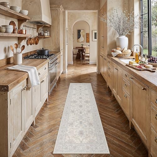 HUGEAR 2x6 Runner Rug Vintage Cream Blue Machine Washable Hallway Rugs Room Decor Distressed Area Rug Non Slip Carpet Low Pile Rugs for Kitchen Laundry Living Soft Lightweight - color: Cream Blue, size: 2' x 6' (Runner)