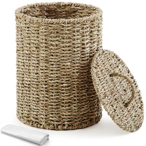 Ctosree 1.3 Gallons Small Trash Can with Lid Handle Boho Woven Braided Bathroom Waste Basket Trash Can with 100 Garbage Bags for Bedroom Office Laundry(Primary Color,Braided Straw Rope,Round) - color: Primary Color, style: Braided Straw Rope