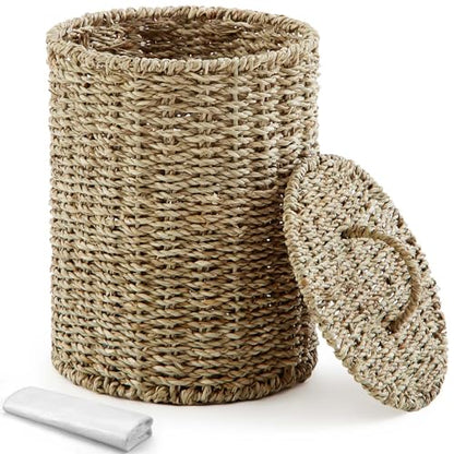 Ctosree 1.3 Gallons Small Trash Can with Lid Handle Boho Woven Braided Bathroom Waste Basket Trash Can with 100 Garbage Bags for Bedroom Office Laundry(Primary Color,Braided Straw Rope,Round) - color: Primary Color, style: Braided Straw Rope