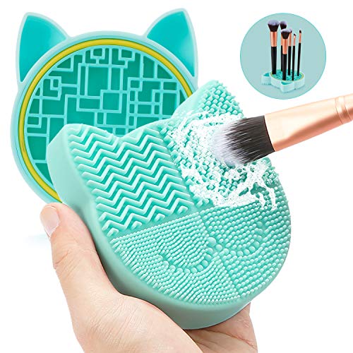 TailaiMei 2 in 1 Makeup Brush Cleaning Mat With Drying Holder, Silicon Cat Shaped Cleaner Pad, Cosmetic Organizer Rack, Portable Washing Tool for Makeup (Green) - color: Green, Cleaner sponge with brush holder