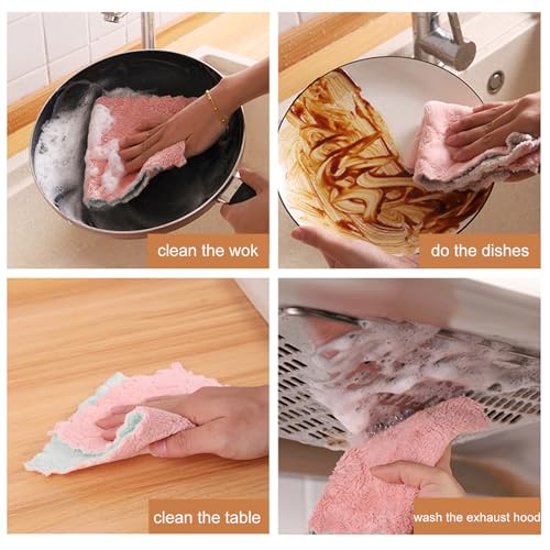 8 Pack Double-Layer Microfiber Cleaning Cloths - Coral Fleece Absorbent Dishcloths & Scouring Rags, Reusable & Washable Kitchen Towels, Pink & Green