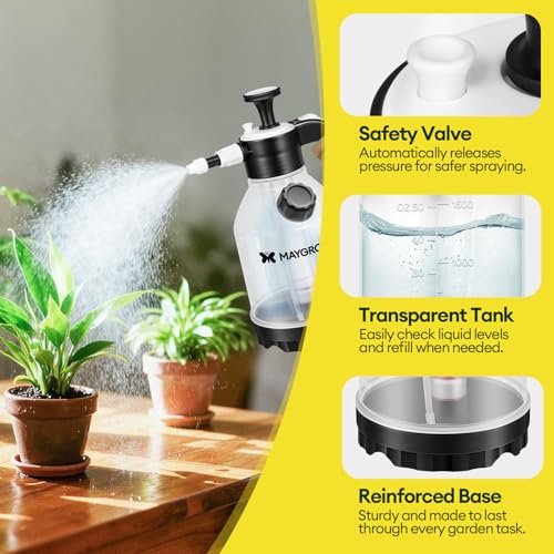 MAYGROVE 50oz Pump Sprayer, Hand Water Spray Bottle for Indoor Plant, Clear Plant Sprayer with Side Filling Port, Measuring Cup, Adjustable Nozzles, Safe Pressure Relief Valve