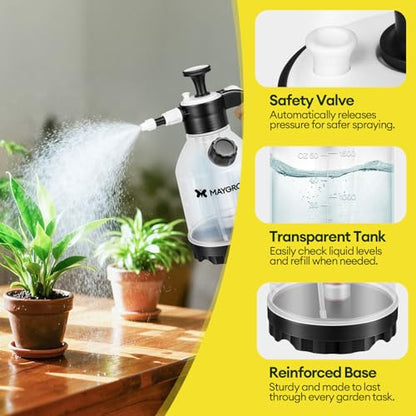 MAYGROVE 50oz Pump Sprayer, Hand Water Spray Bottle for Indoor Plant, Clear Plant Sprayer with Side Filling Port, Measuring Cup, Adjustable Nozzles, Safe Pressure Relief Valve