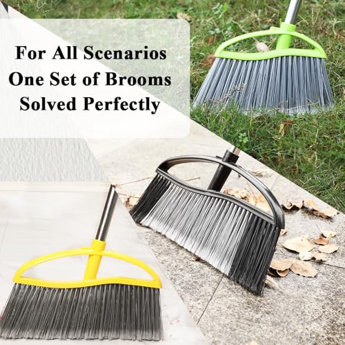 3 Pack Wide Heavy Duty Angle Broom - Stiff Bristle Outdoor Brooms for Sweeping Patio, Garden, Garage, Yard (Black, Yellow, Green) - color: Black, Yellow, Green
