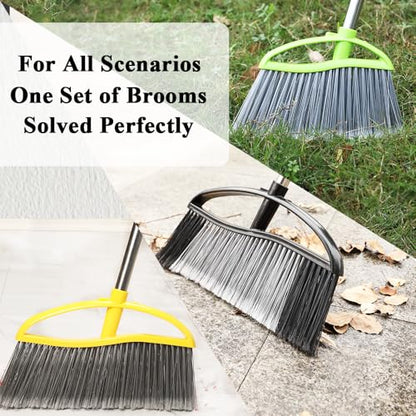 3 Pack Wide Heavy Duty Angle Broom - Stiff Bristle Outdoor Brooms for Sweeping Patio, Garden, Garage, Yard (Black, Yellow, Green) - color: Black, Yellow, Green
