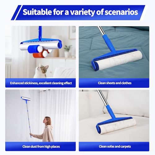 9.84" Large Extra Sticky Lint Roller, 58.3" Long Handle Lint Remover with 7 Rollers for Clothes, Cat Dog Pet Hair, Furniture, Couch, Carpet, Floor，Painted Wall Cleaner Mop Dust Cleaning