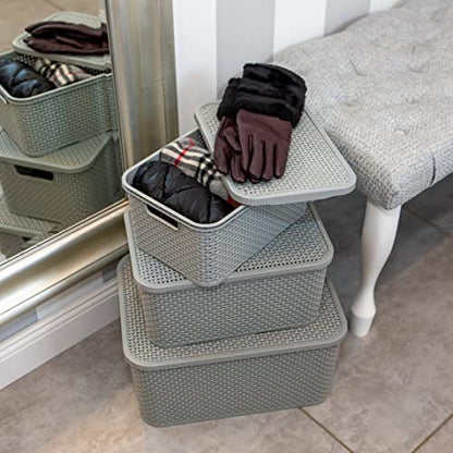 BranQ Home essential Lid Basket in Rattan Design Set of 2 Size L 19 L BPA-Free Plastic PP Light Grey - color: Lightgrey, size: 19 l