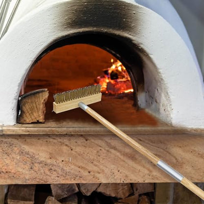 Pizza Oven Brush Brass Bristles with Steel Scraper 60 Inch Long Wood Handle Outdoor Pizza Oven Tool - size: 60 Inch Long