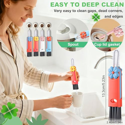 3 in 1 Cup Lid Cleaning Brush, Multifunctional Gap Cleaning Brush, Home Kitchen Crevice Brush, Portable Bottle Cleaner Brush for Cleaning Tight Spaces, Bottle Gaps, Travel Mug Caps(4 PCS) - color: Blue, Orange, Pink, Red(4pcs)